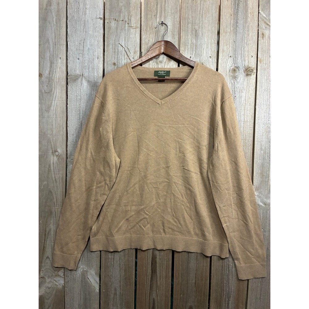Eddie Bauer Mens Tan Cotton Cashmere‎ V-Neck Sweater Large 0254 Camel Knit